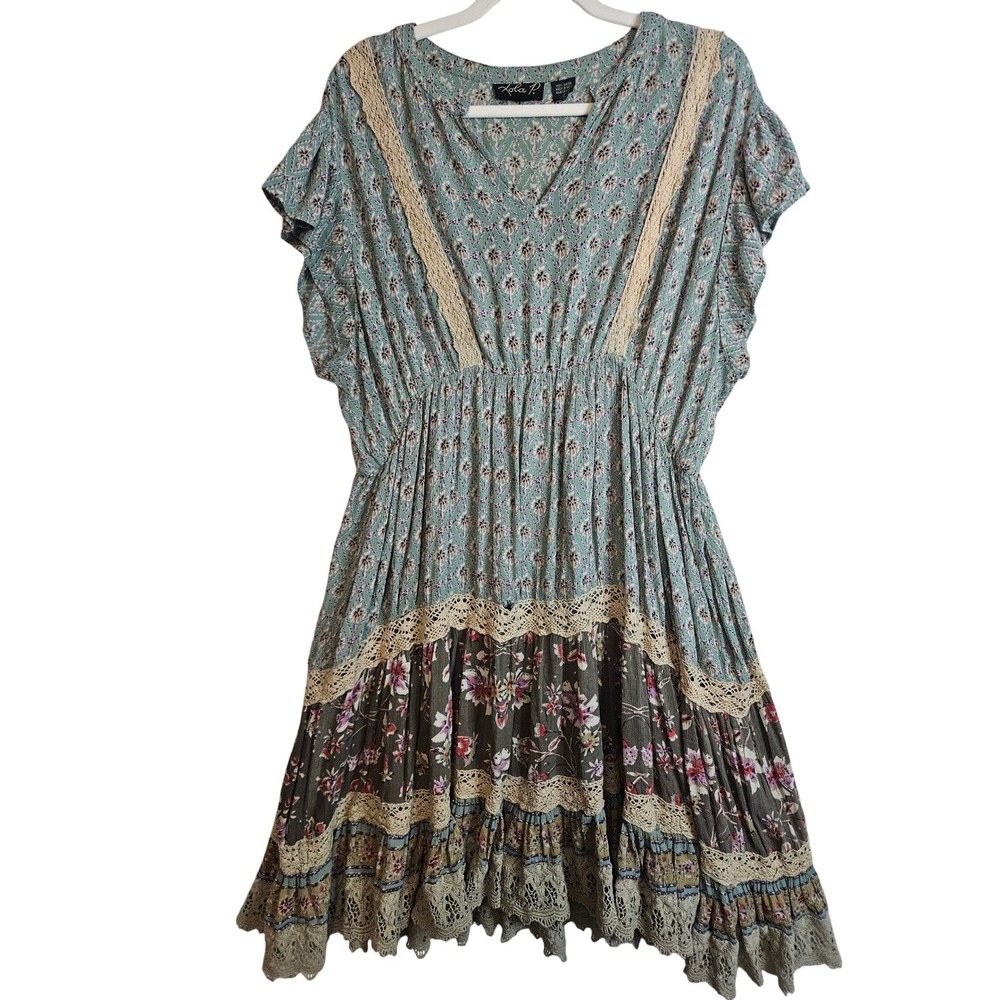 Bohemian Tiered Color-block Lace Trim Midi Dress‎ Sz Lg Women Cottagecore #508